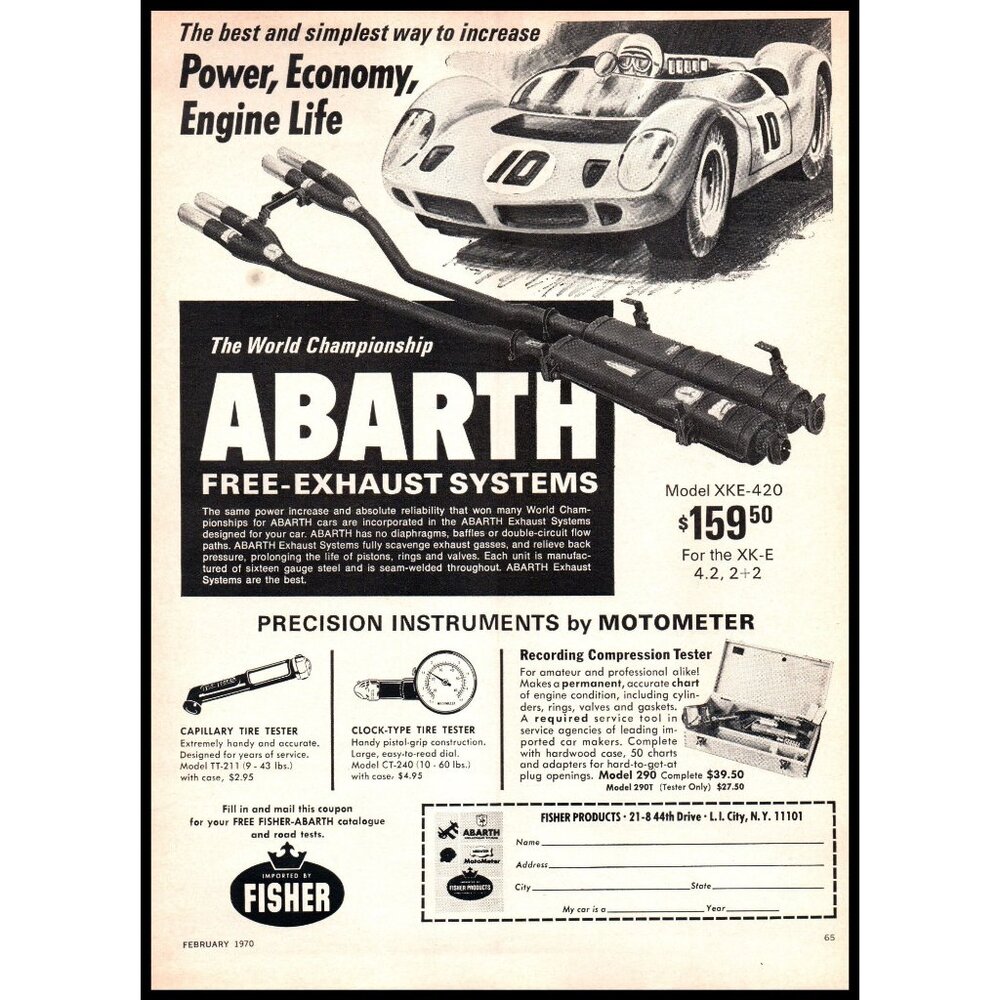 1970 Abarth Free Exhaust Systems Vintage Print Ad Fisher Parts Man Cave Wall Art